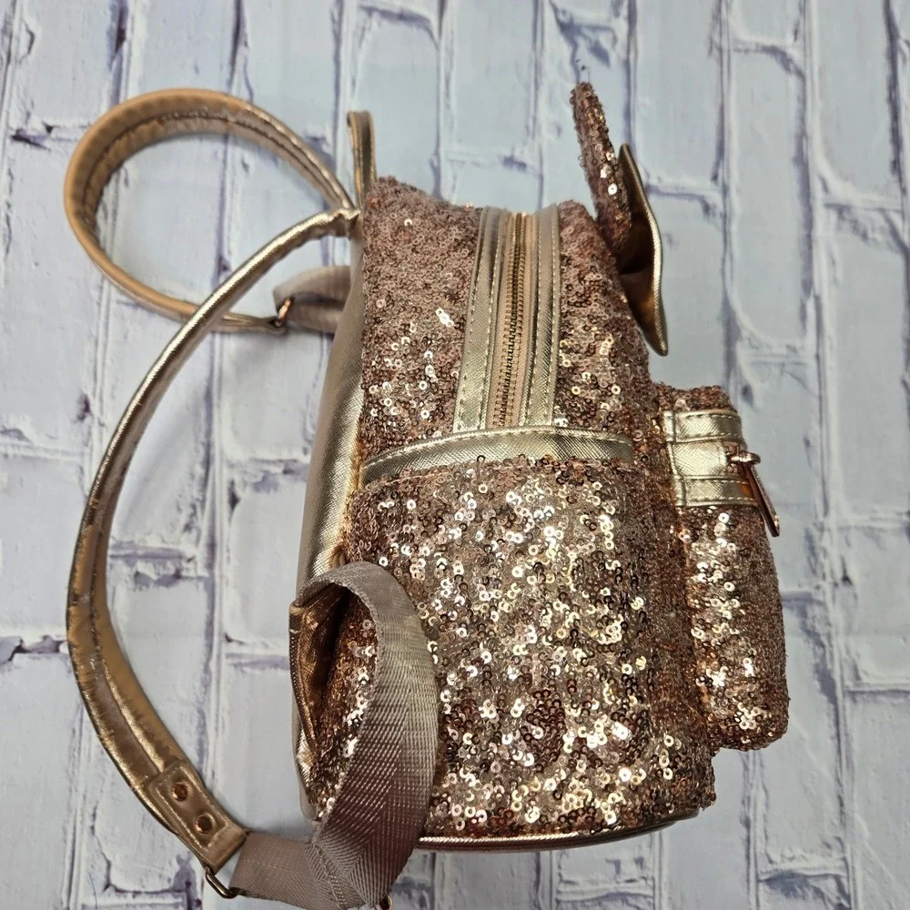 Loungefly Disney Parks Rose Gold Sequin Minnie Mouse Backpack Bow Ears Purse‎